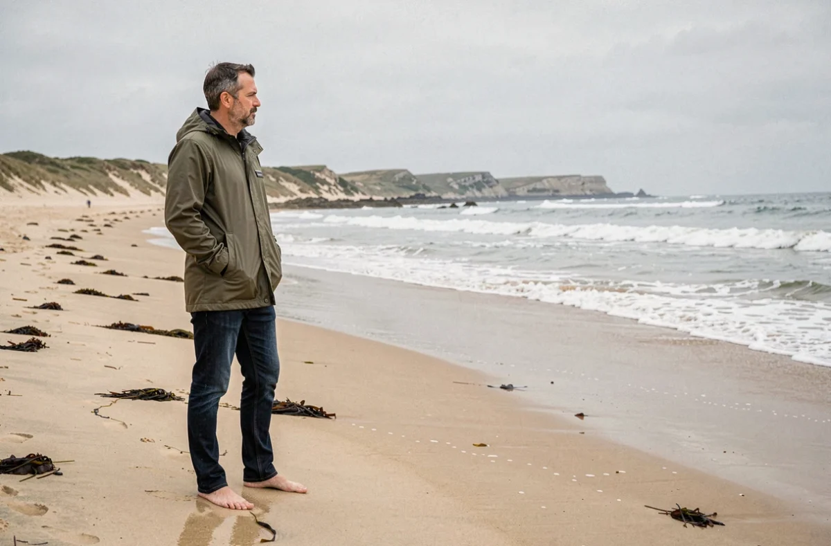 Homme contemplant l'océan sur une plage sauvage près de Concarneau en Bretagne