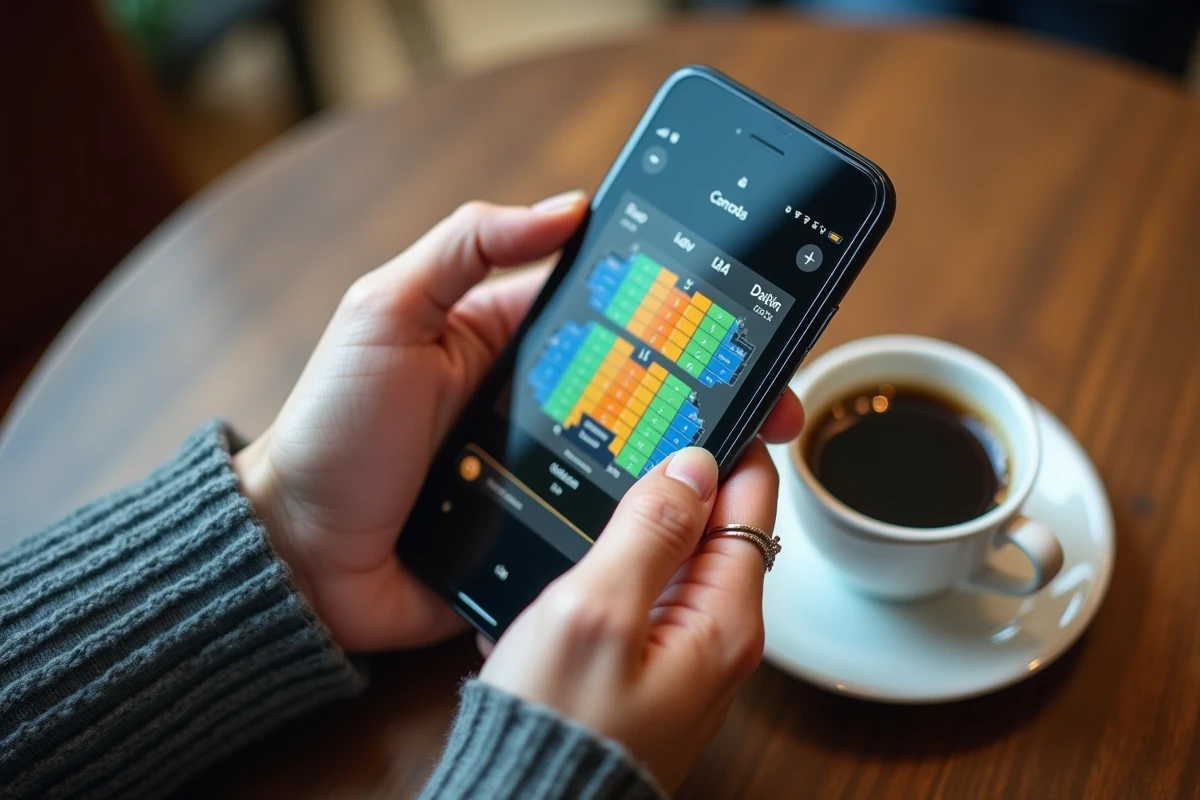 Gros plan sur un smartphone affichant le plan interactif coloré de la salle de Bercy avec les blocs et tarifs pour choisir sa place de concert