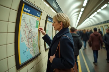 Voyageuse consultant le plan de la ligne 4 du métro parisien sur le quai d'une station