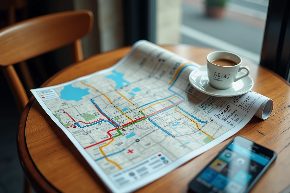 Plan du réseau RATP avec la ligne 4 posé sur une table de café parisien avec connexions bus et tramway