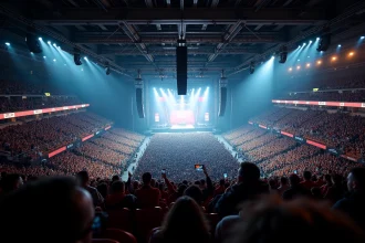 Vue panoramique de la salle de Bercy depuis les tribunes hautes lors d'un concert, montrant les différents blocs et secteurs remplis de spectateurs