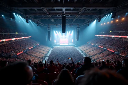 Vue panoramique de la salle de Bercy depuis les tribunes hautes lors d'un concert, montrant les différents blocs et secteurs remplis de spectateurs