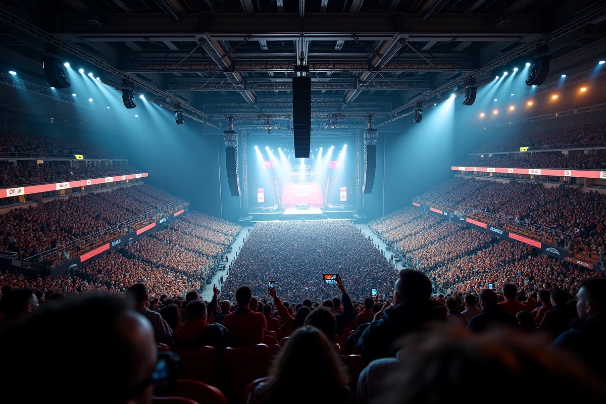Vue panoramique de la salle de Bercy depuis les tribunes hautes lors d'un concert, montrant les différents blocs et secteurs remplis de spectateurs