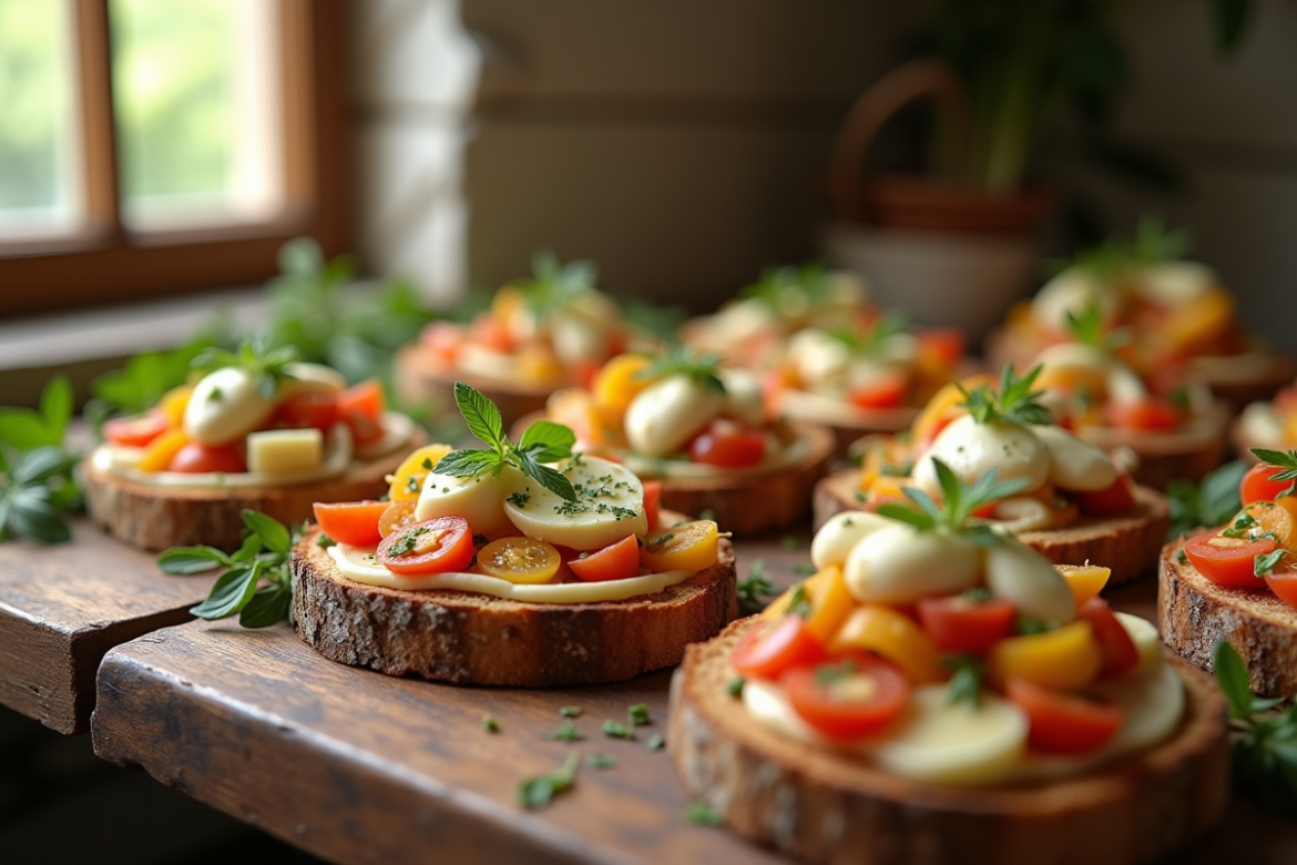 Table rustique avec fromage frais et légumes colorés