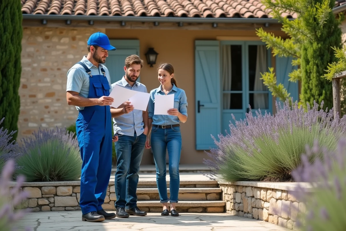 Plombier expliquant des papiers à un couple devant une maison provençale