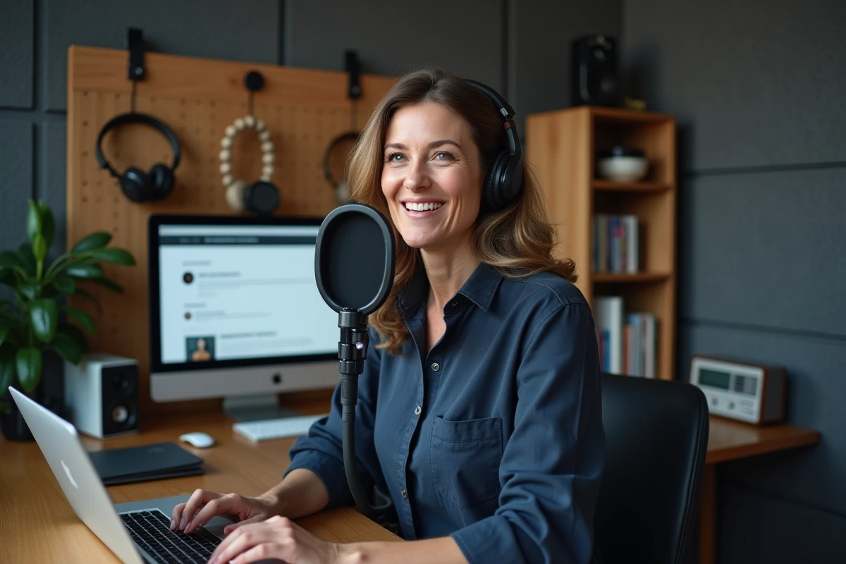Podcasteuse passionnée de médias enregistrant un épisode dans un studio maison lié à un blog communautaire