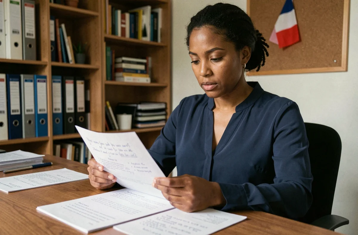 Femme étudiant les 200 questions de naturalisation française à son bureau avec des fiches de révision
