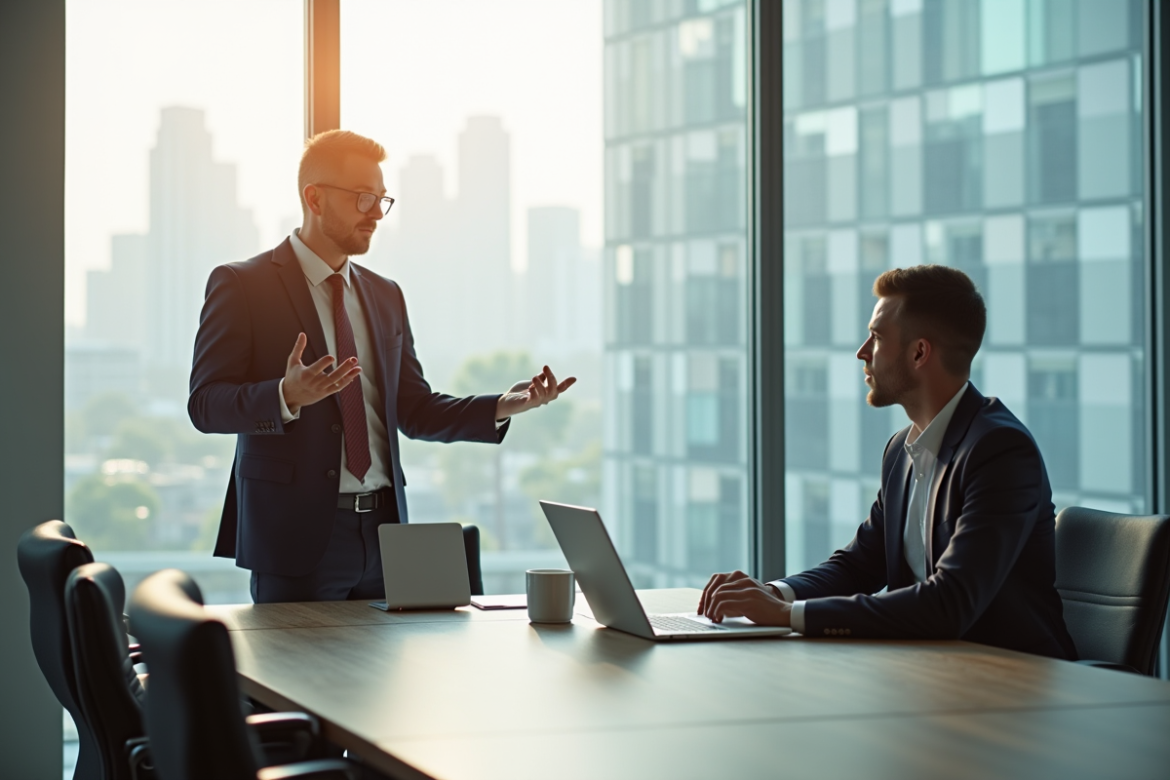 Deux professionnels en réunion dans un bureau lumineux