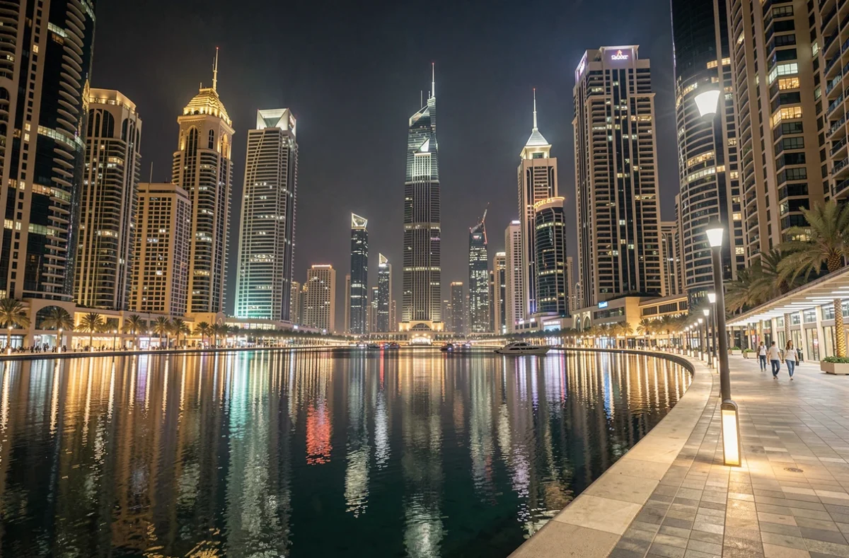 Promenade de la Dubai Marina illuminée en soirée