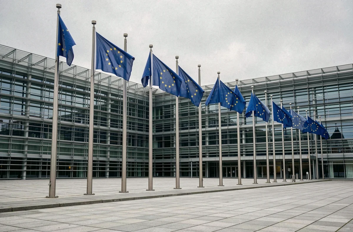 Rangée de douze drapeaux européens devant le Parlement européen, vue grand angle de la place officielle