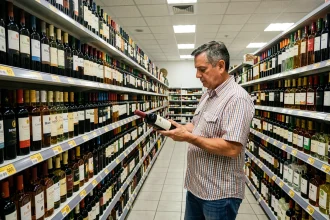 Rayon alcool d'un supermarché espagnol frontalier avec des rangées de bouteilles de vin et spiritueux et leurs étiquettes de prix en euros