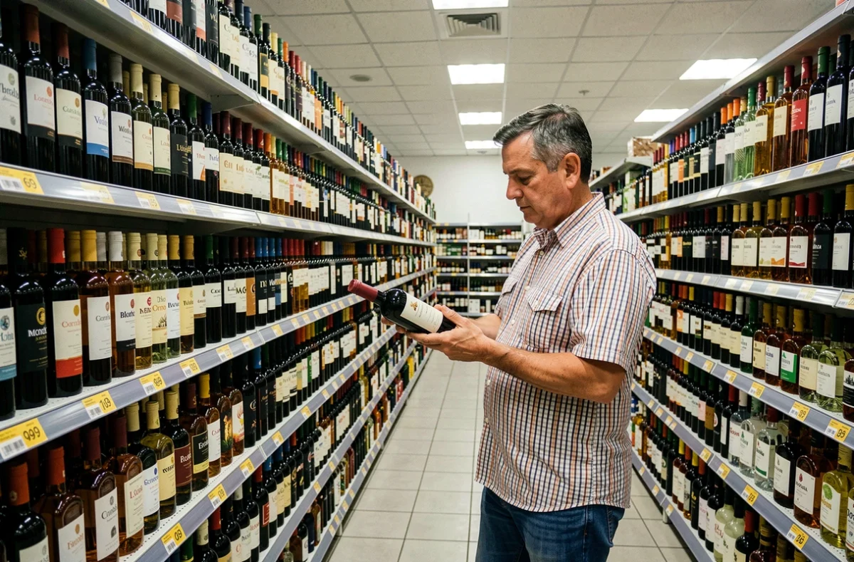 Rayon alcool d'un supermarché espagnol frontalier avec des rangées de bouteilles de vin et spiritueux et leurs étiquettes de prix en euros