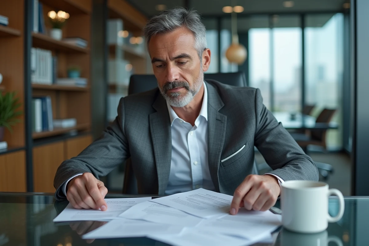 Recruteur masculin en costume examinant des candidatures et emails professionnels dans un bureau vitré avec vue sur la ville