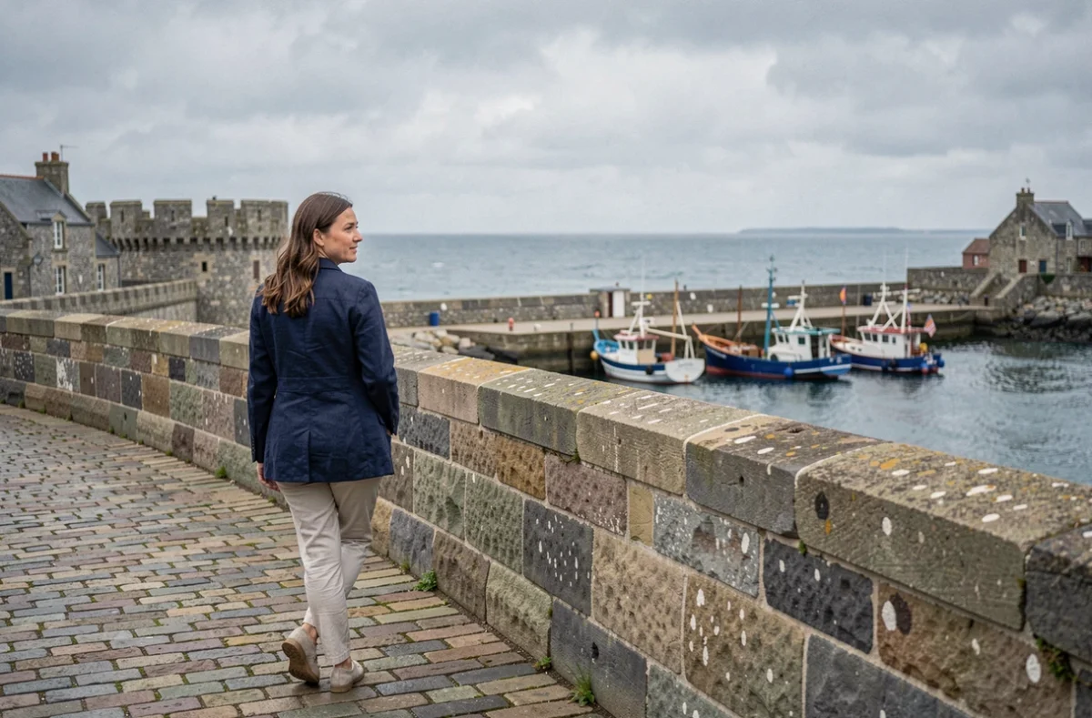 Femme se promenant sur les remparts médiévaux de Concarneau avec vue sur le port breton