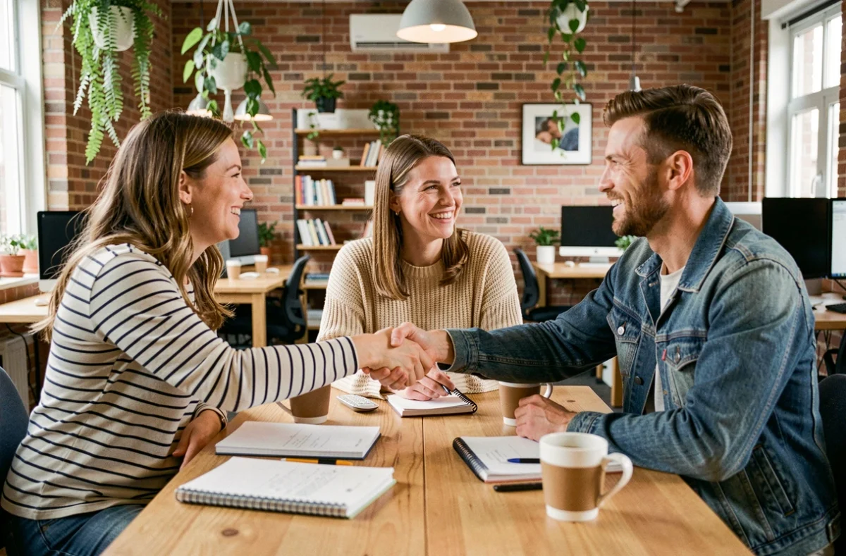 Groupe de jeunes adultes se rencontrant pour la première fois dans un espace de coworking grâce à une application d'amitié