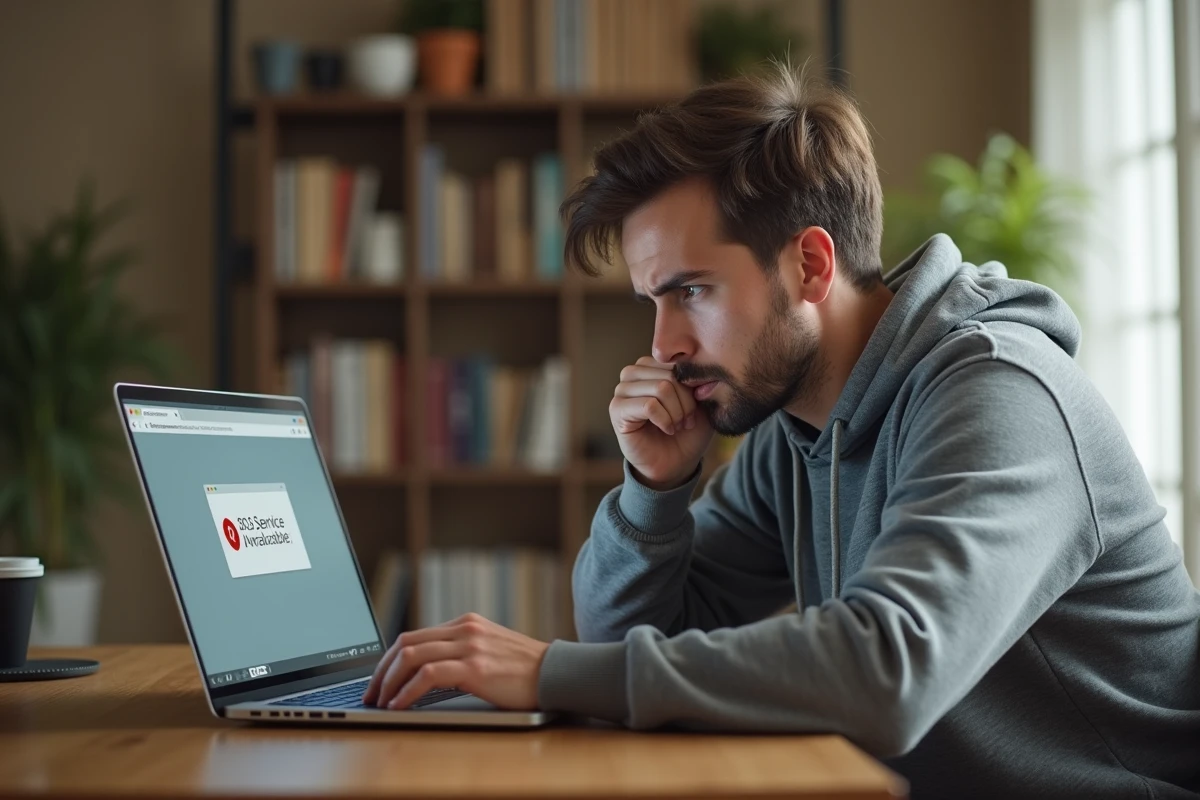 Homme frustré devant un écran d'ordinateur affichant une erreur de site inaccessible