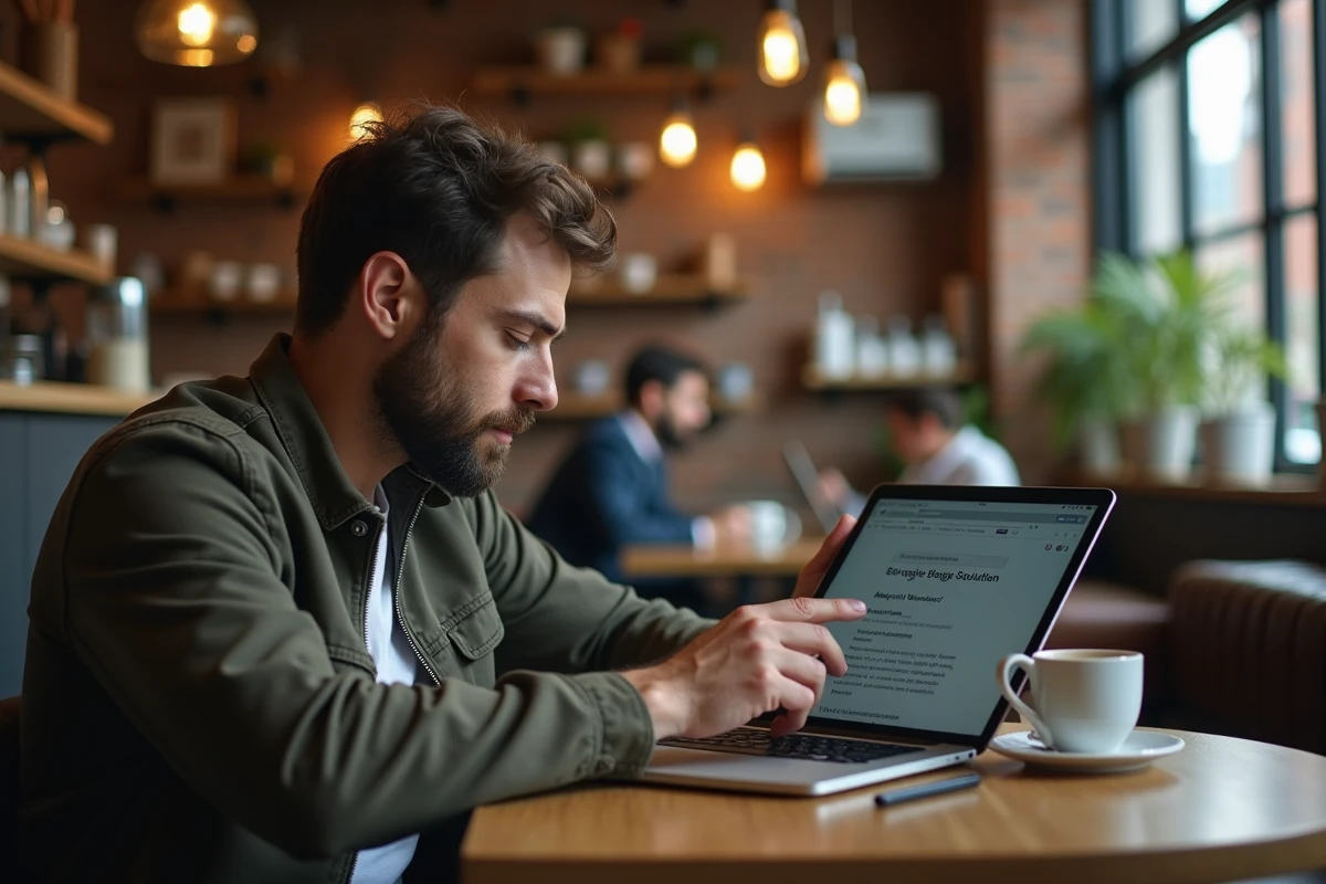 Homme cherchant des sites alternatifs sur une tablette dans un café après une panne de site web