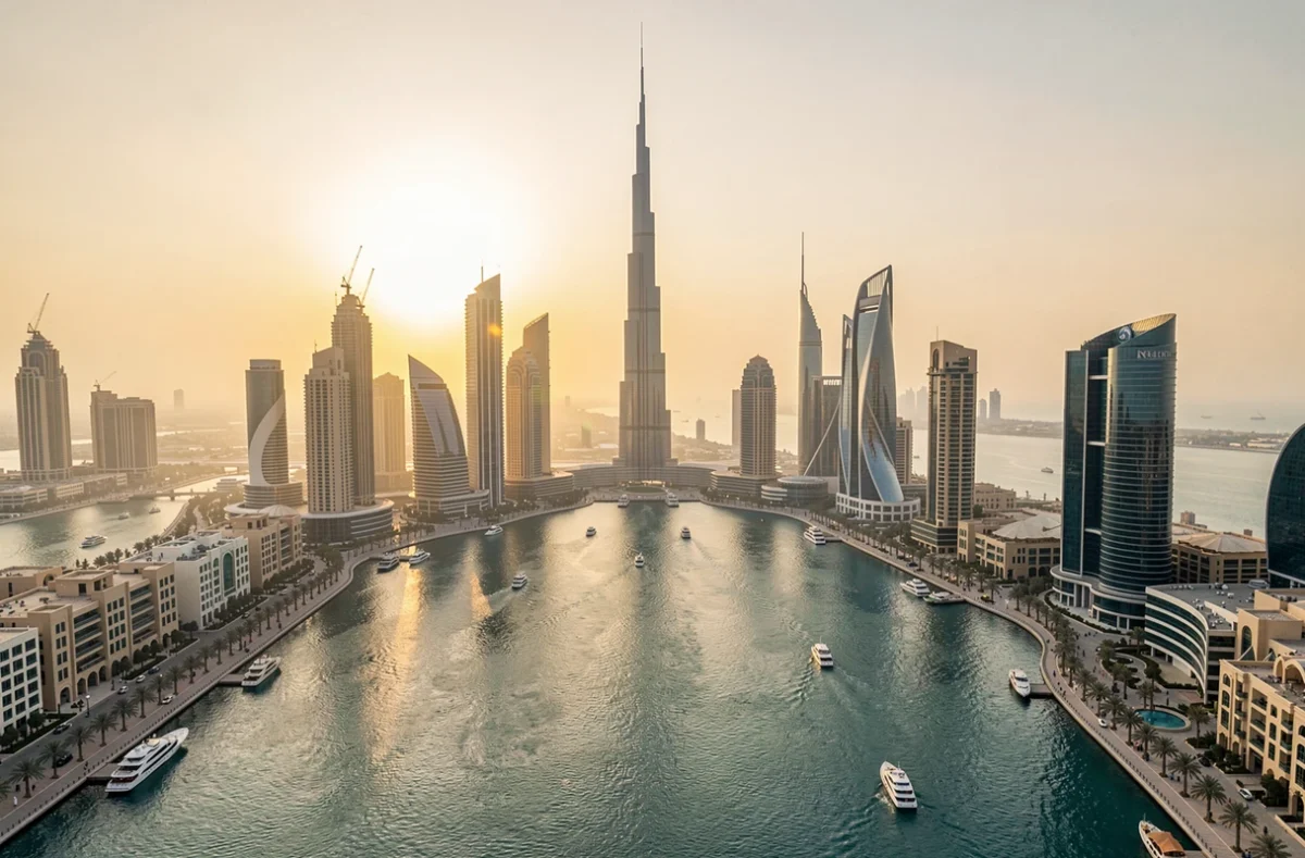 Skyline de Dubaï avec la Burj Khalifa au coucher du soleil