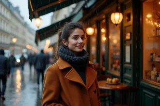 Jeune femme sous une marquise de café parisien par une soirée pluvieuse, reflets sur les pavés mouillés