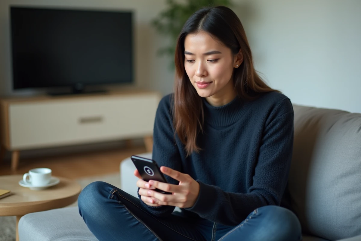 Femme consultant son smartphone face à une page web indisponible sur un site de streaming