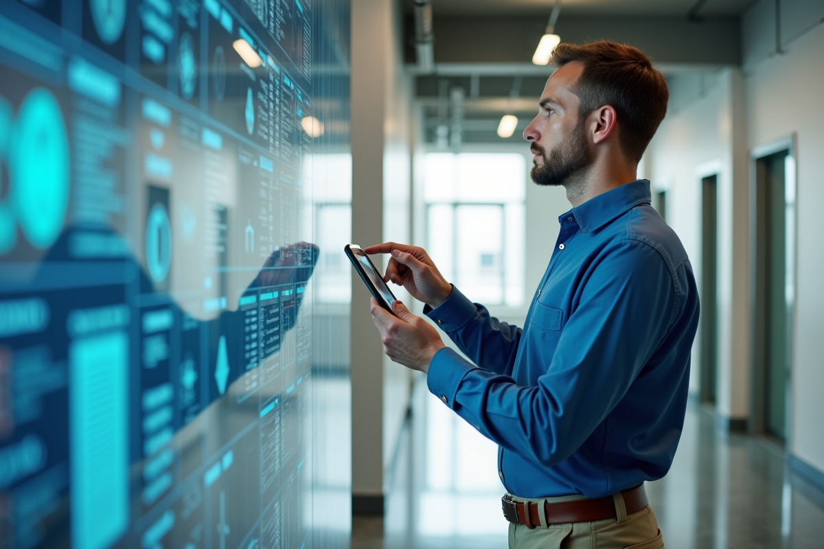 Technicien vérifiant un panneau de contrôle énergétique intérieur