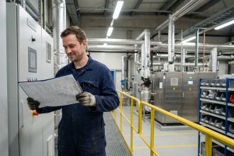 Technicien homme en overalls bleus dans une usine moderne
