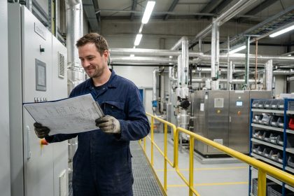 Technicien homme en overalls bleus dans une usine moderne