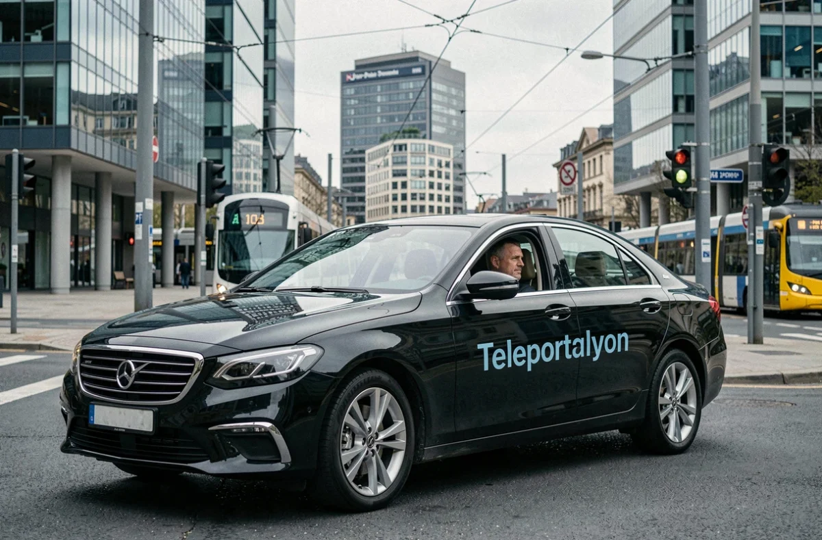 Berline Teleportalyon arrêtée à une intersection moderne du quartier Part-Dieu à Lyon