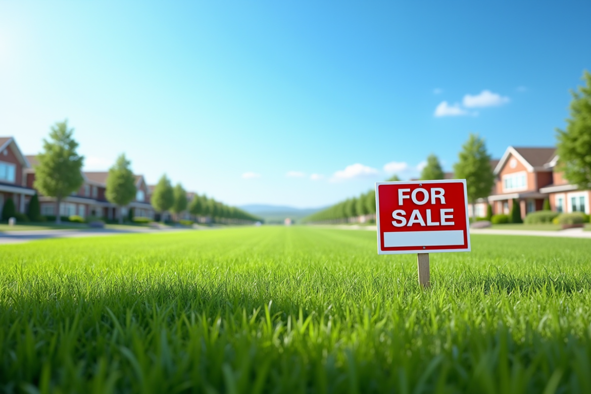 Terrain vacant avec panneau a vendre et quartier en arriere plan