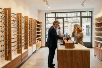 Vue d'ensemble d'un magasin d'optique moderne dans l'Allier avec un opticien conseillant une cliente