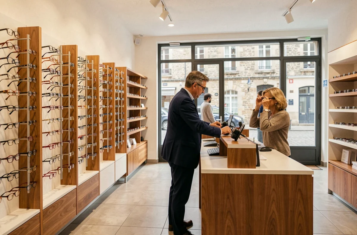 Vue d'ensemble d'un magasin d'optique moderne dans l'Allier avec un opticien conseillant une cliente