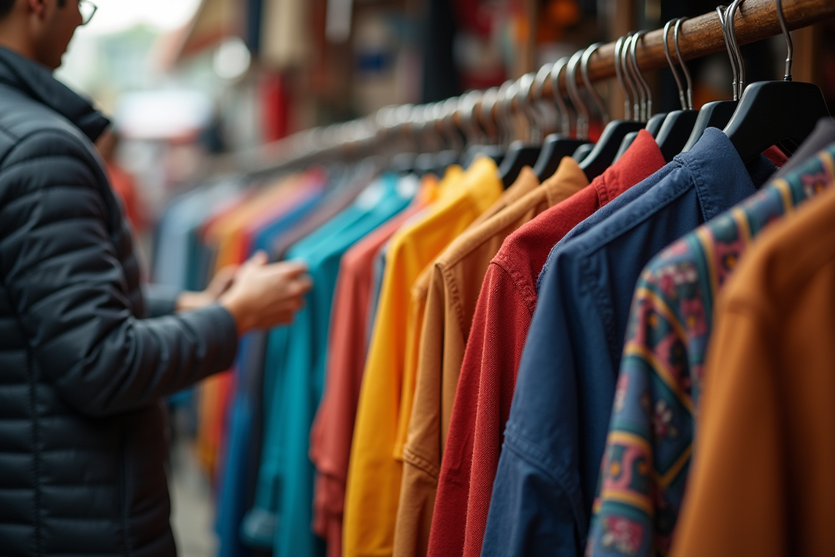 Vêtements colorés sur un portant dans un marché de seconde main
