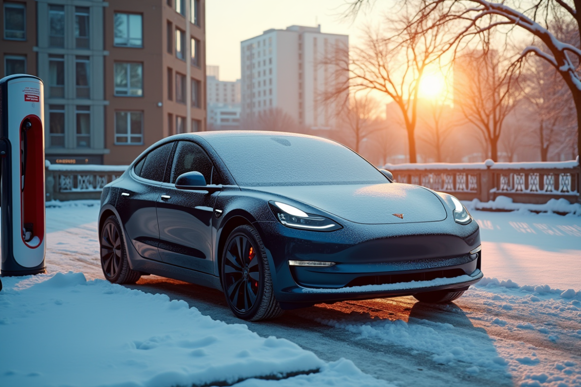 Voiture électrique au station de charge en hiver avec neige et vapeur
