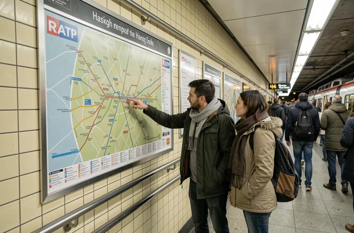 Deux voyageurs étudiant le plan du réseau de bus RATP affiché dans une station parisienne pour préparer leur correspondance