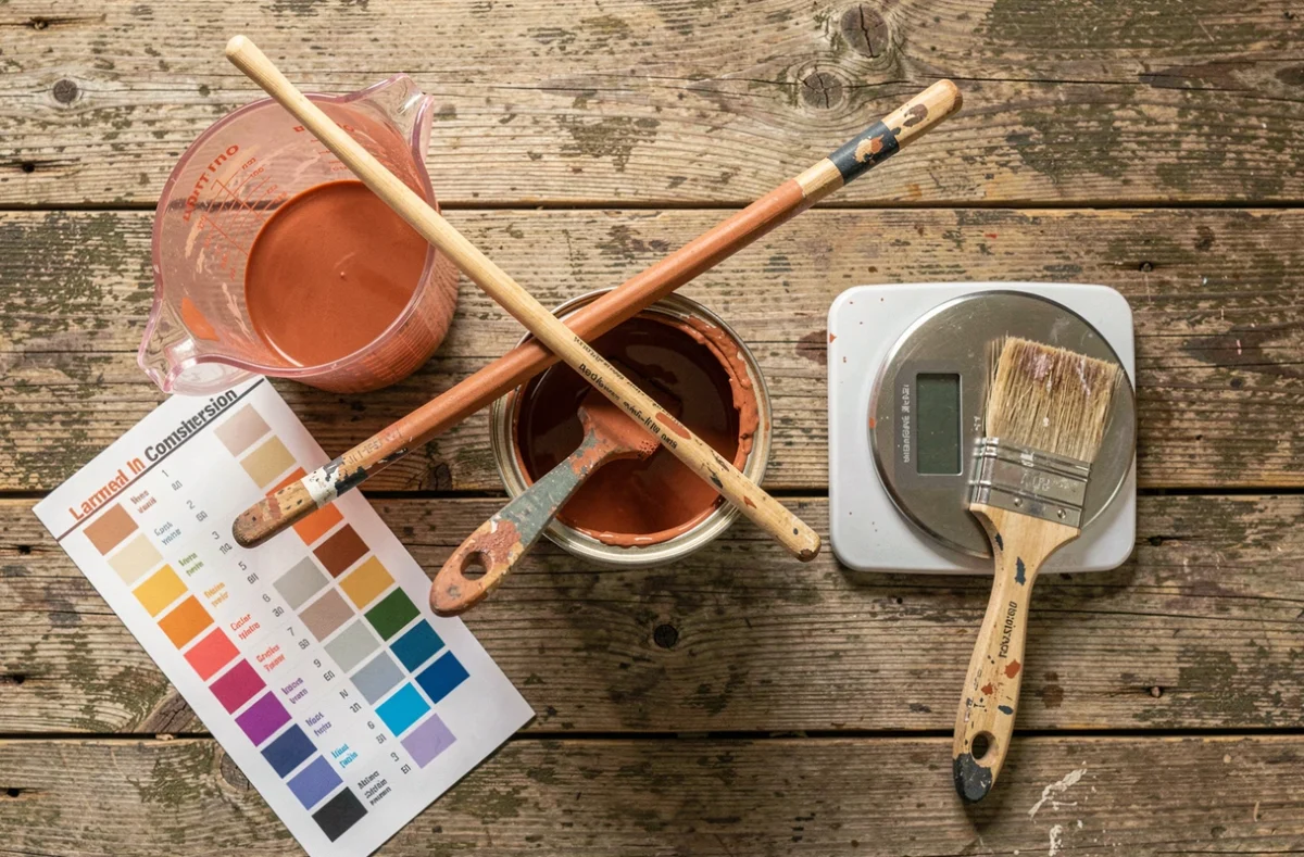 Vue de dessus d'un convertisseur de litres et outils de mélange de peinture sur une table en bois pour travaux de rénovation