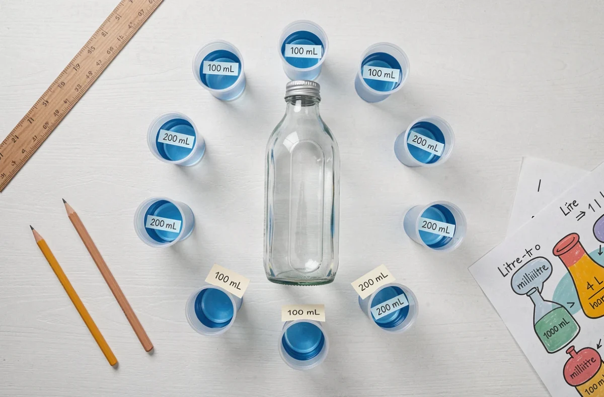 Vue de dessus d'un dispositif éducatif illustrant la conversion d'un litre en millilitres avec des tasses graduées